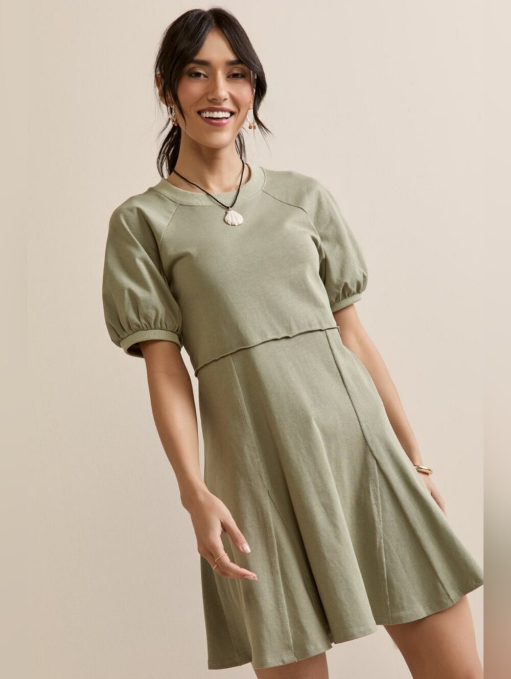 Francesca's Sage Green Puff Sleeve Knit Dress Small NEW